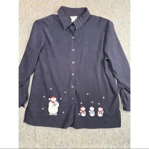 Breckenridge Blouse Women's XL Navy Blue Christmas Snowman Embroidered Shirt Top